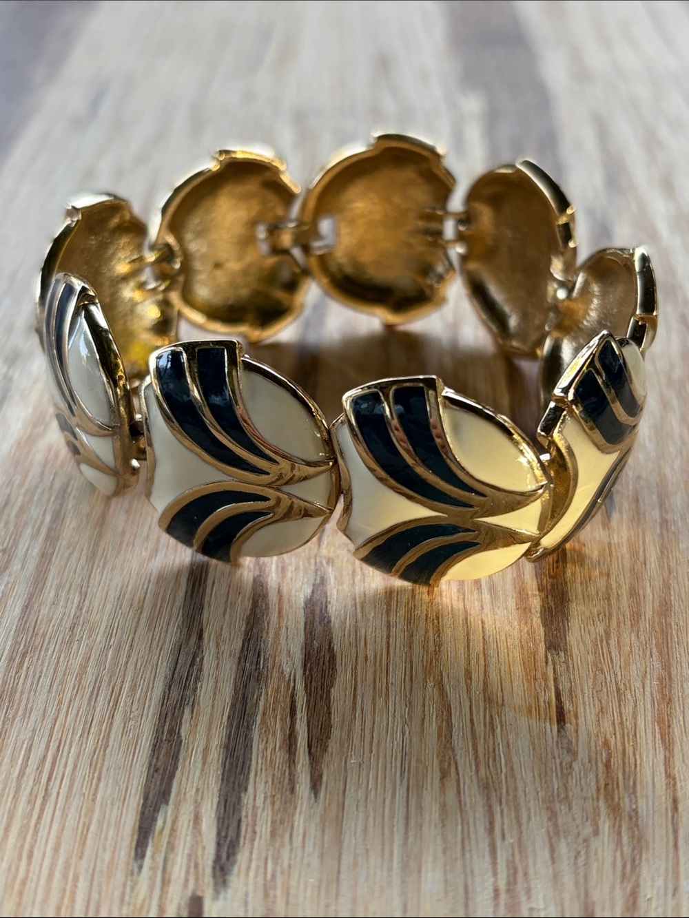 Gold-Tone Black and Cream Enamel Floral Link Bracelet